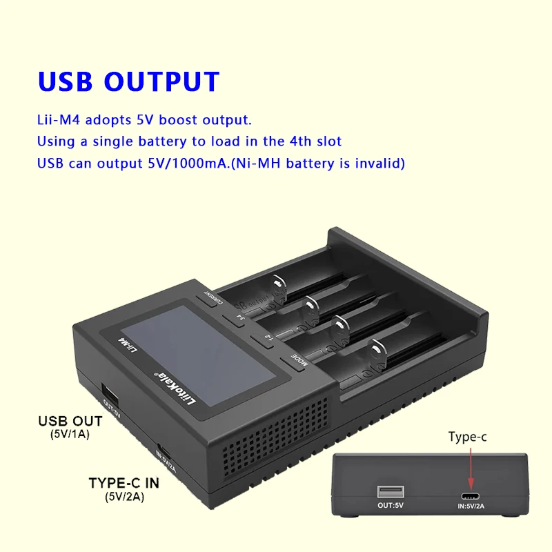 LiitoKala Lii-M4 18650 Charger LCD Display Universal Smart Charger Test Capacity 26650 18650 21700 AA AAA Battery 4slot 5V 2A
