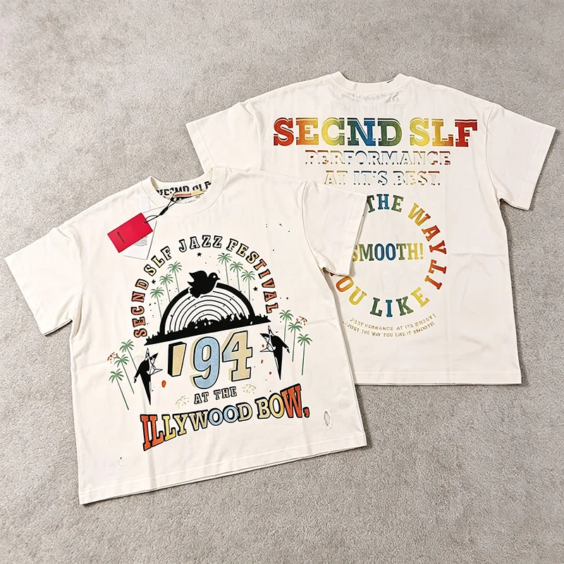 New Arrival SECND SLF Men Casual T Shirt Jazz Festival Rainbow Palm Tree Letter Graphic Loose Off White Short Sleeve Tee