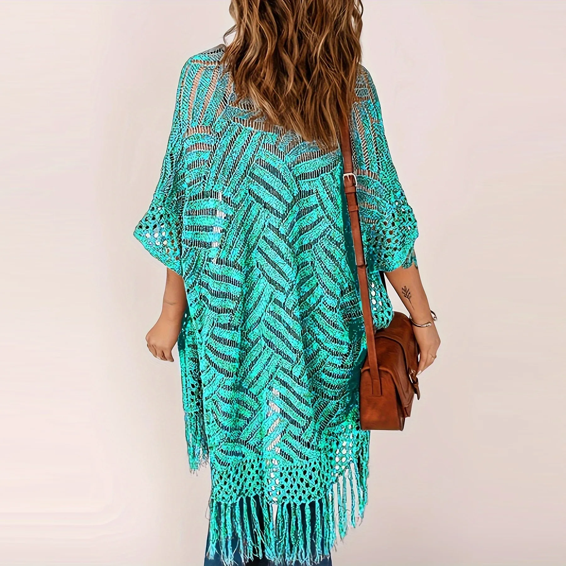 Boho Clothing Pareo Tunic Beach Crochet Knit Open Front Swim V Neck Short Sleeve Fringe Hem