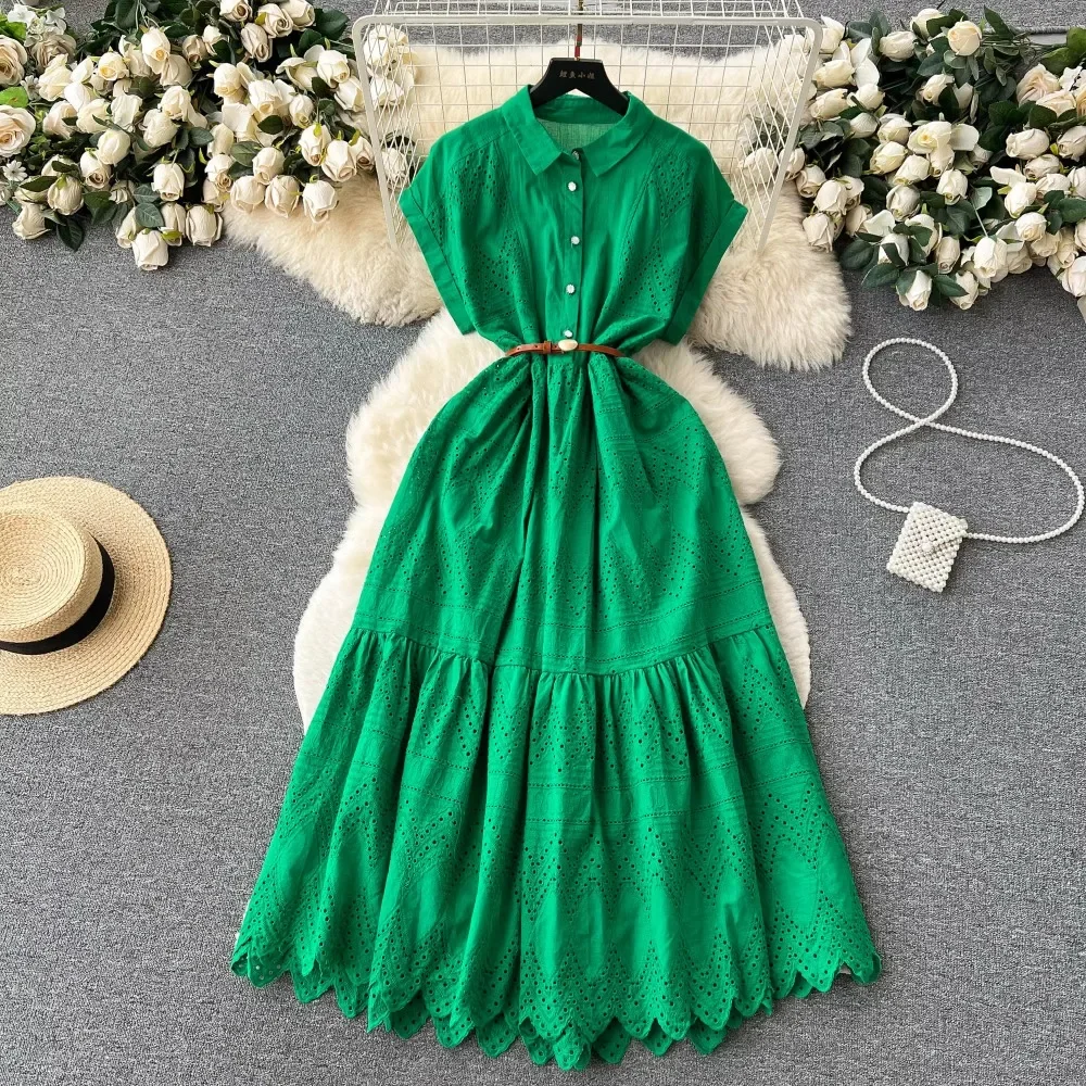 

Retro Elegant Polo-neck Single Breasted Sashes Lace Up Loose Long Blouse Dresses A-line Casual High Waist Women Summer Clothing
