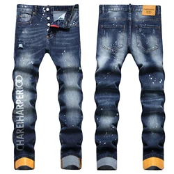 chareiharper 100 1032 plus size Street fashion men's jeans print fashion trend holes slim trousers men fashion