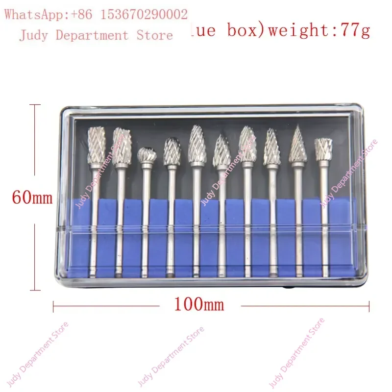 ESPLB 10pcs Set Rotary File Hard Alloy Steel Carbide Burr Single Double Stripe Milling Cutter Head with Blue Box