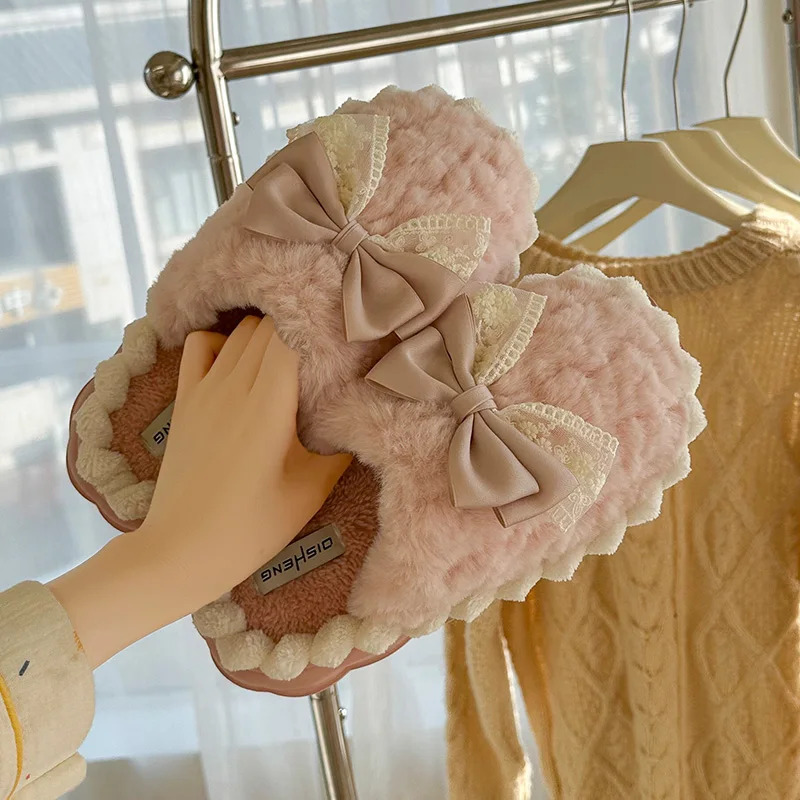 Winter Cute Bow Cotton Slippers Women Plush Warm Indoor Home Skin Friendly Wave Design Non Slips  House High Appearance Shoes