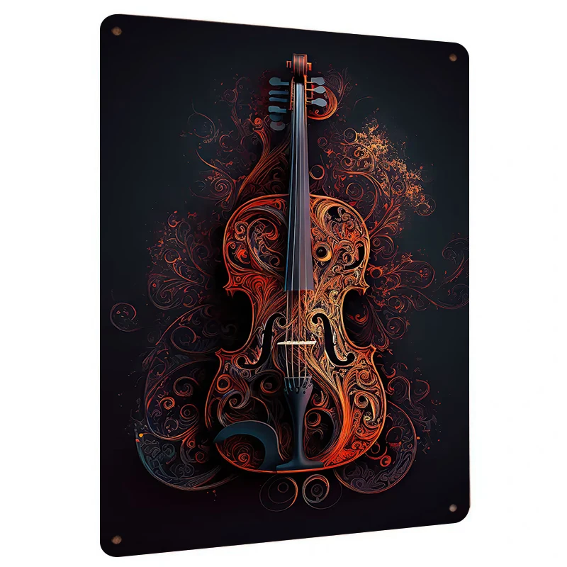 Ornate Vintage Violin Pattern Metal Tin Painting Home Decor Wall Art Living Room Bedroom Study Hanging Decoration