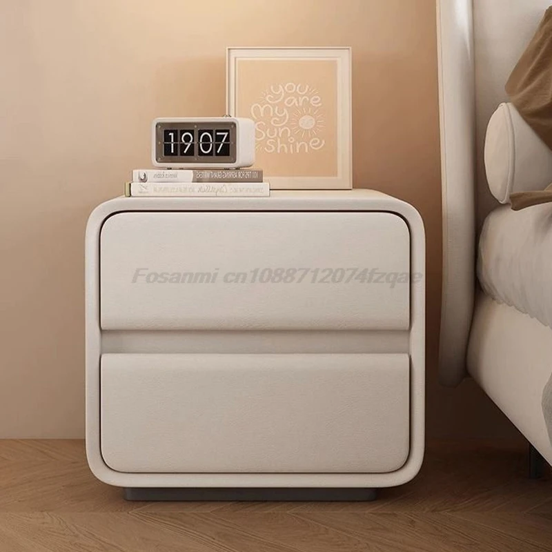 Light Luxury Cream White Bedside Cabinet Viral Minimalist No Installation Solid Wood Upholstered For Home Bedroom Sturdy