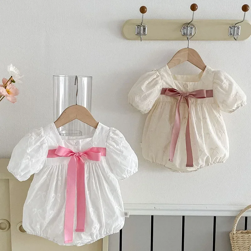 

2025 New Summer Infant Baby Girls Bodysuits Short Sleeved Cotton Bow Splicing Toddler Baby Girls Jumpsuit 0-24M Children Clothes