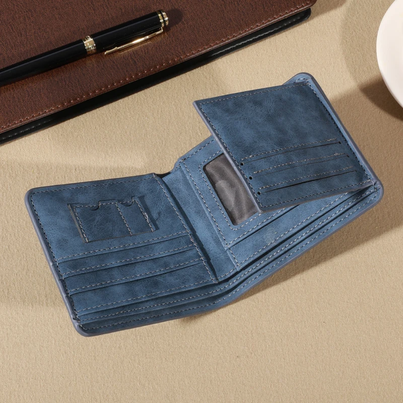 Vintage Matte Leather Men's Wallet - Coffee Tri-fold with Multi-Card Slots, Money Clip, and Eyelet Detail