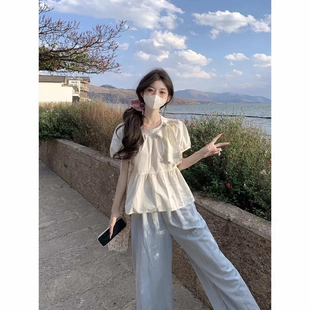 

Short Sleeve Shirts Womens Poplin Patchwork Pintuck Tunic Ins Style Minimalist Modern Artistic Student Youthful Blogger Fashion