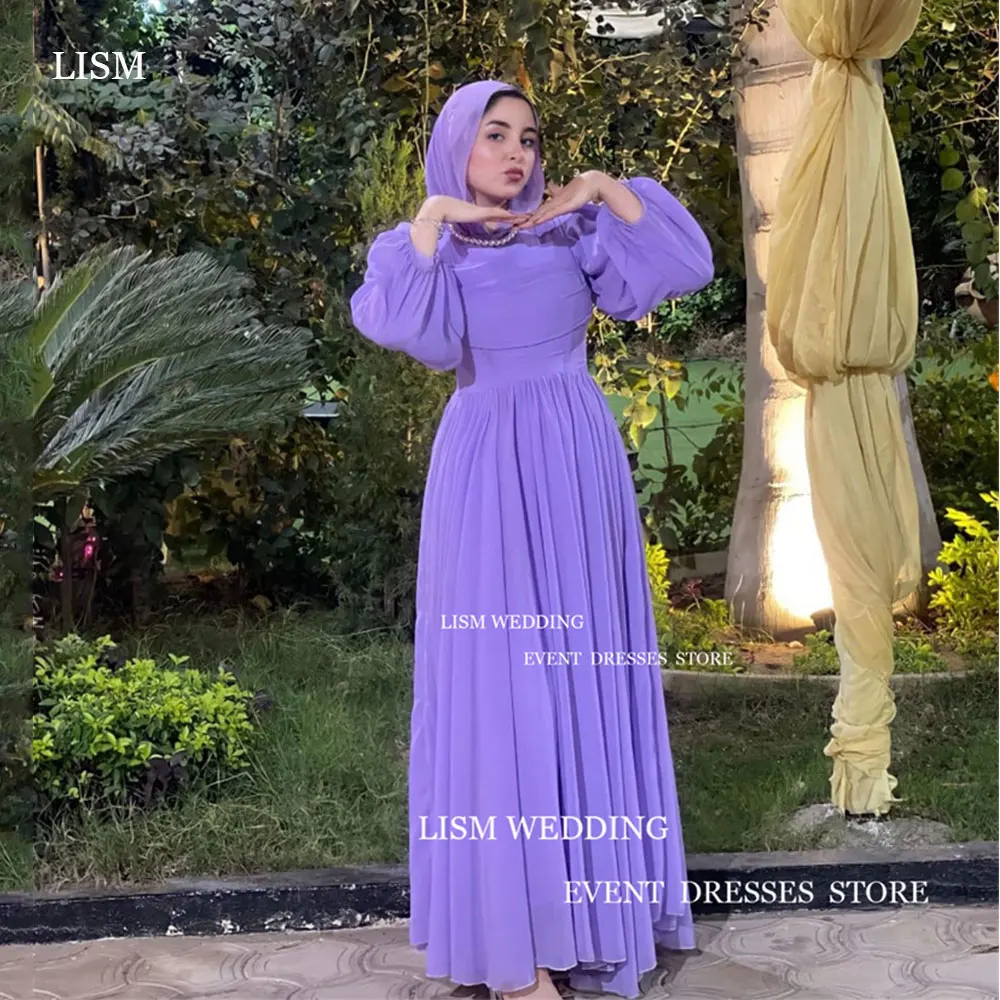 LISM Vintage Purple Chiffon Evening Dress Saudi Arabia Dubai Puff Sleeves A-Line Floor-Length Formal Occasion Dress With Veil