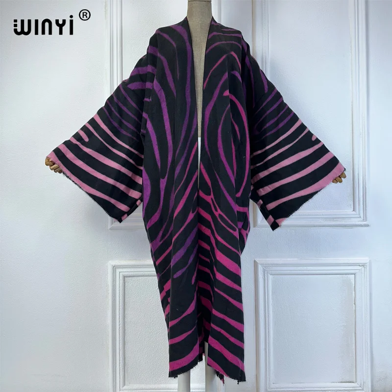 WINYI 2024 winter cardigan Africa women Geometric line print maxi jacket Warm kimono long down coat Middle East fashion abaya