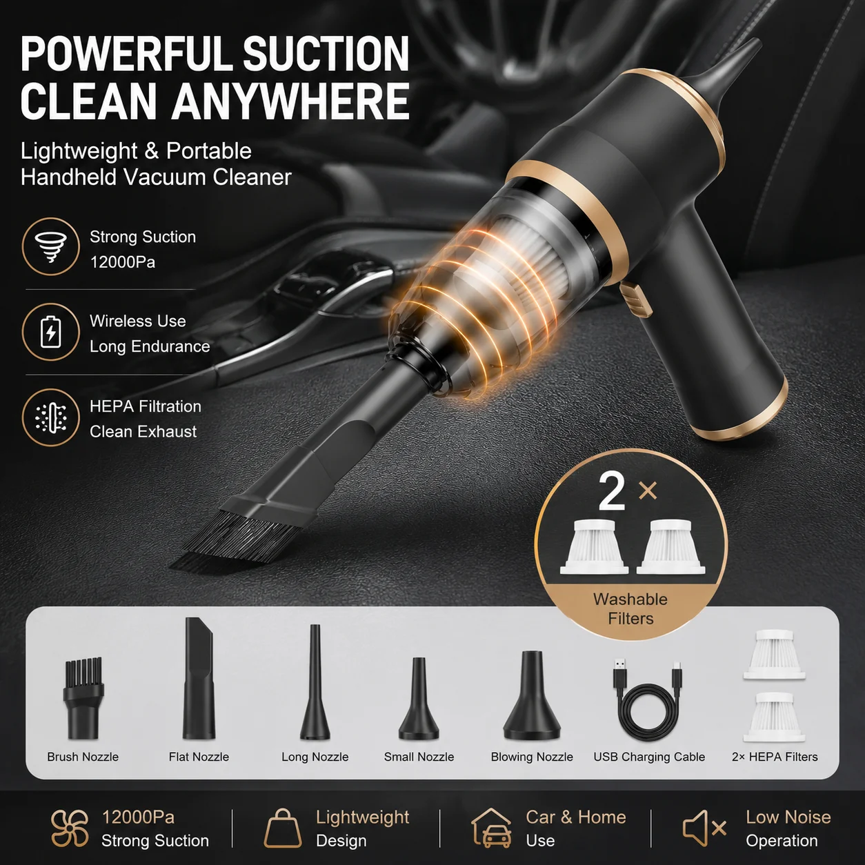 120W Cordless Handheld Vacuum Cleaner And Air Blower With Digital Display, Washable Dual Filters And Multiple Nozzles For Car And Home