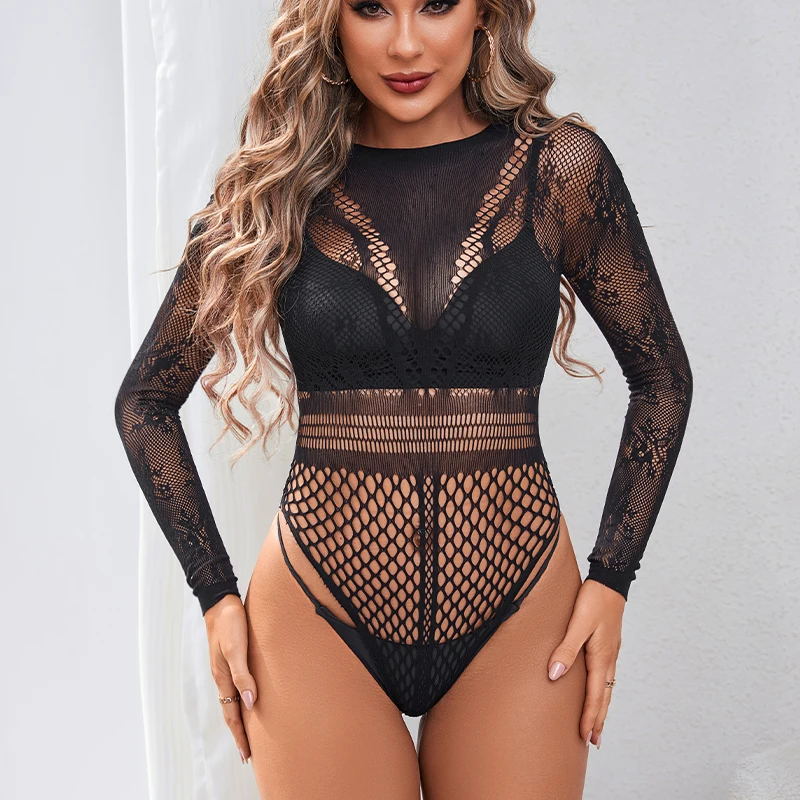 Women\'s Sexy Mesh Jumpsuit Clothing Long Sleeves Lace Transparent Form-Fitting Lingerie Fishnet Tight Exotic Glamorous Porn Set