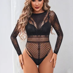 Women's Sexy Mesh Jumpsuit Clothing Long Sleeves Lace Transparent Form-Fitting Lingerie Fishnet Tight Exotic Glamorous Porn Set