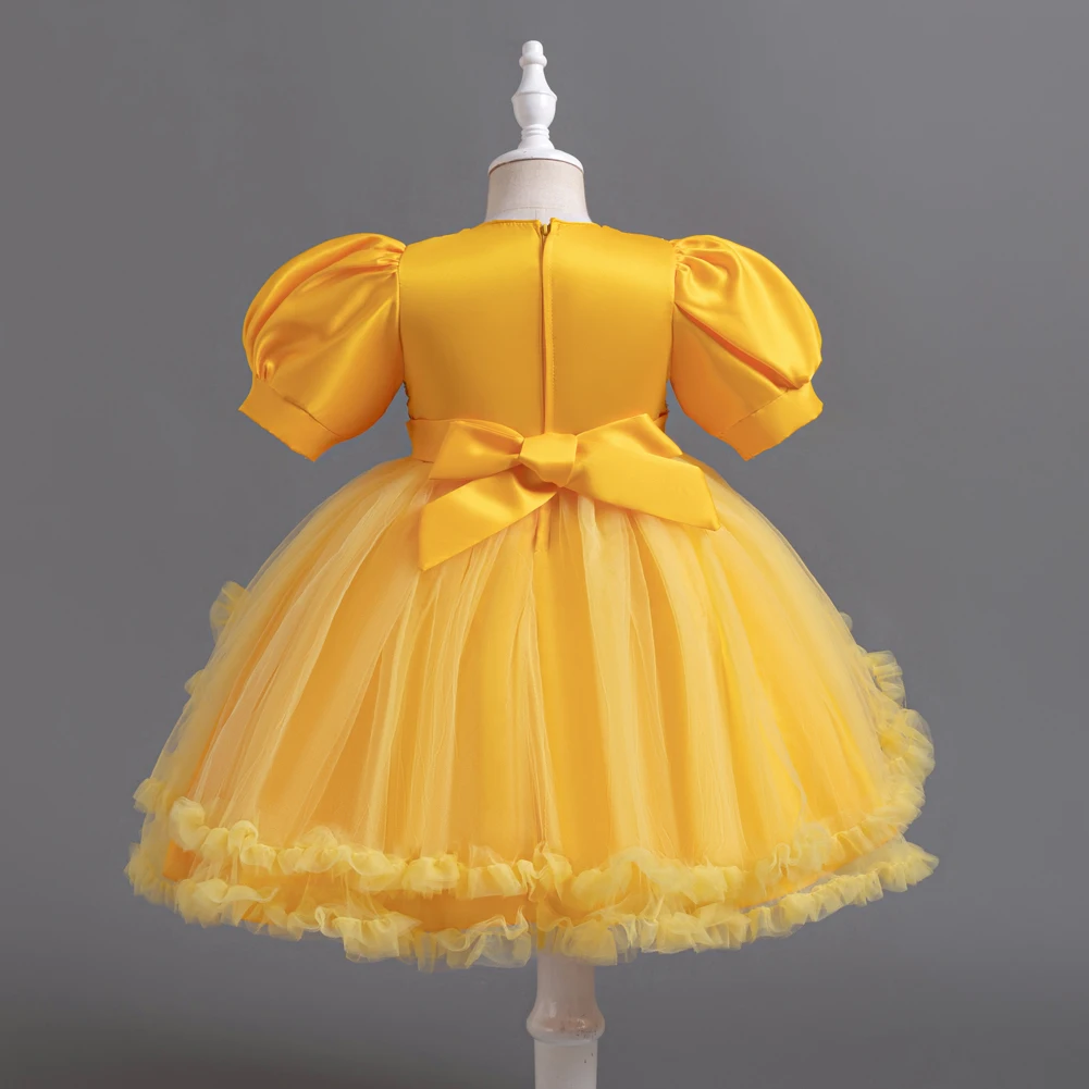 Yellow Bubble Sleeves Girl Princess Dress Sparkling Sequins Children\'s Birthday For 2 to 10 Years Ball Dress Party Wear