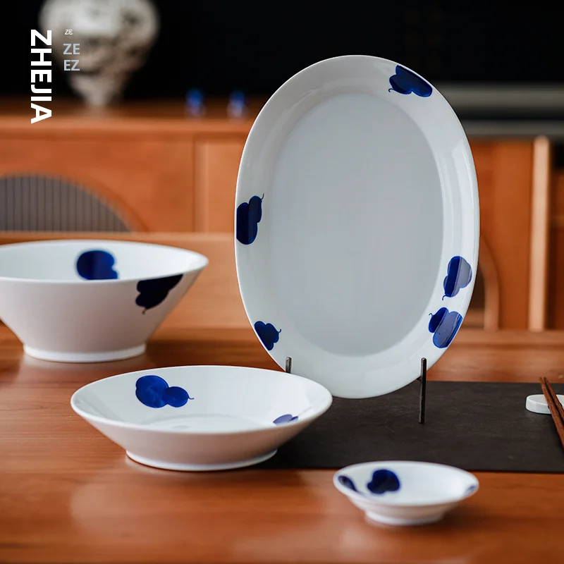 Underglaze Ceramic Dining Set Fish Plate Chinese Style Long Oval Shape Universal Home Use Dishwasher Safe Dishware Plate Bowl