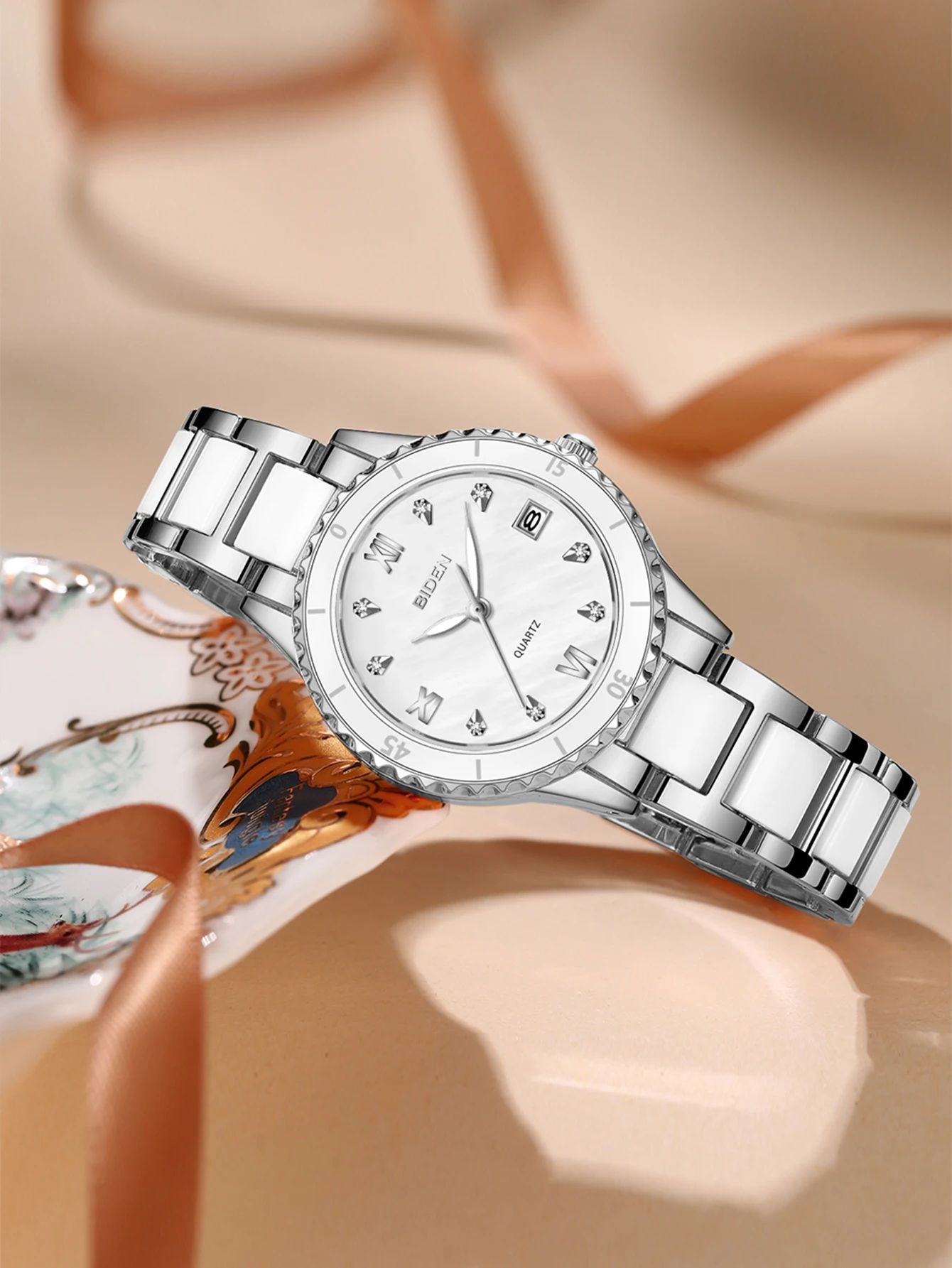 BIDEN Ladies' Watch Anti Ceramic Strap Ladies' Watch Luxury Diamond Inlaid Luminous Pointer Calendar Original Quartz Watch