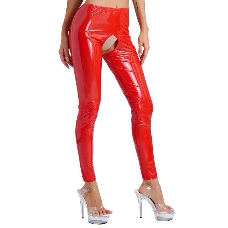 

RT01 Womens Wet Look PVC Leather Open Crotch Butt Leggings High Waisted Crotchless Tights Pants Sexy Stretchy Tousers Clubwe&Gf1