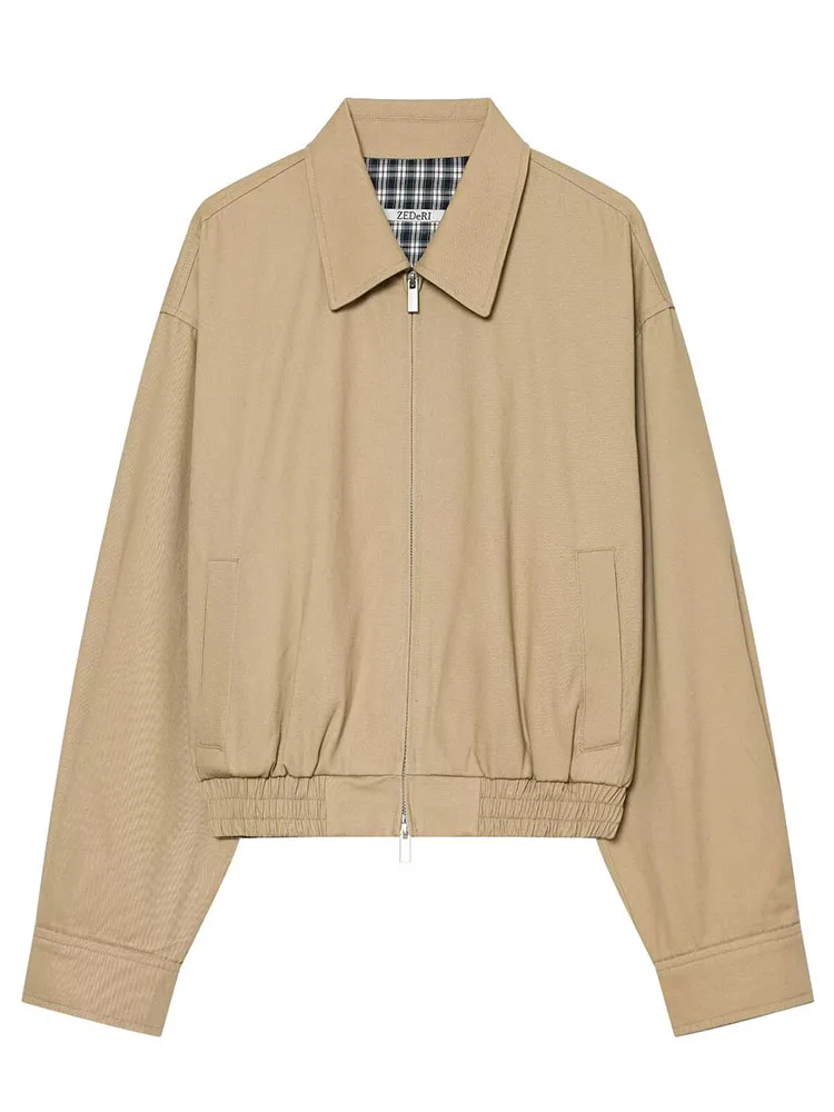 HH Women Summer Vintage Khaki Cropped Jacket Lapel Collar Zip Up Plaid Lining Loose Fit For Streetwear Holiday Vacation Wear