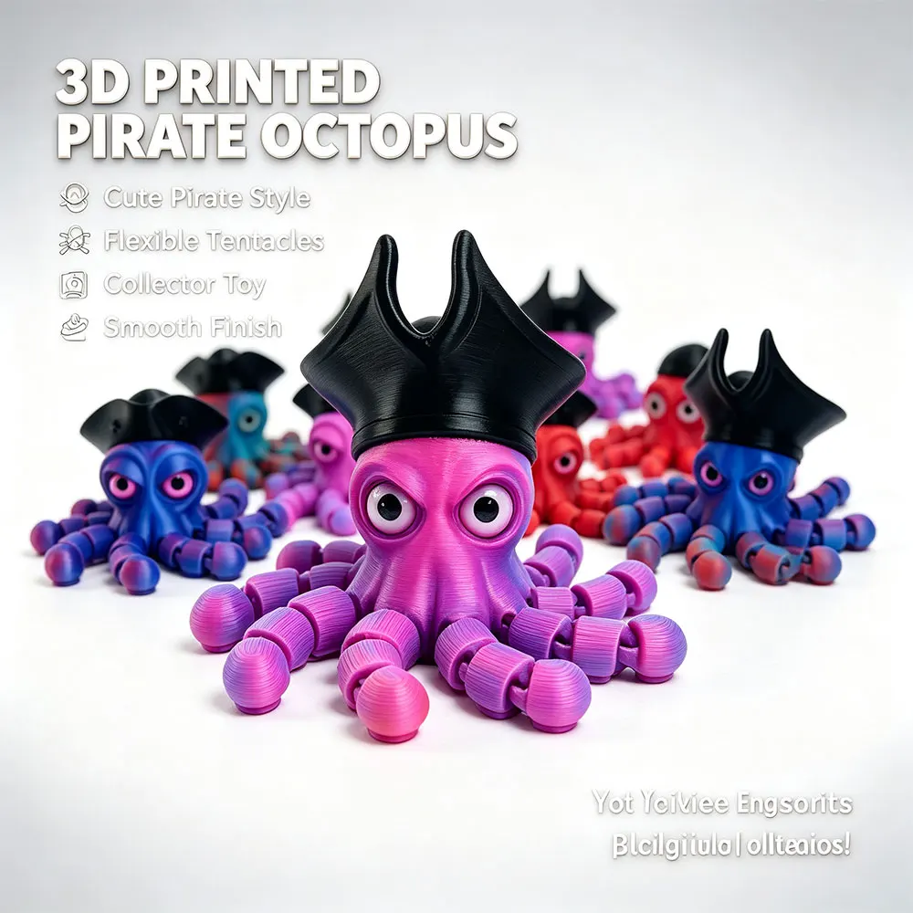 3D Printed Pirate Octopus Toy with Moving Joints Poseable Desktop Decor Funky Room Decoration Unique Halloween Gift Idea