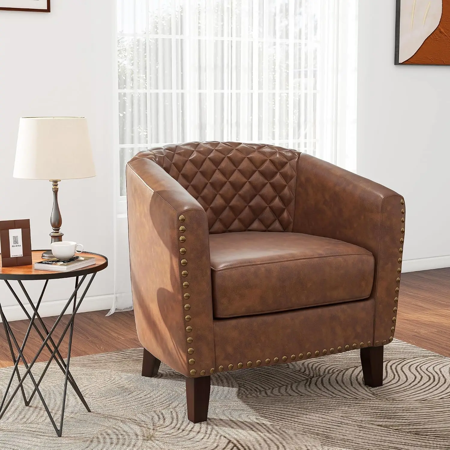 Barrel Accent Chair Faux Leather Club Armchair Upholstered Sofa with Wood Legs & Nailhead Trim for Living Room, Customized