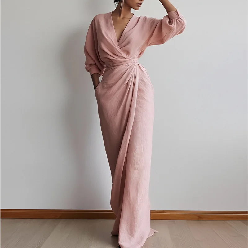 

2026 Women's Clothing Spring Fashion Temperament Waist V-neck Long Dress