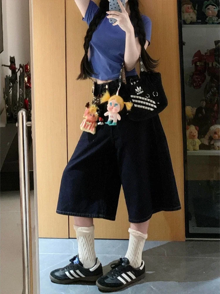 

Retro American Lazy Deep Blue Seven-Point Denim Shorts Women Summer New Loose Slimming Wide Leg Mid-Pants High Waist Pocket