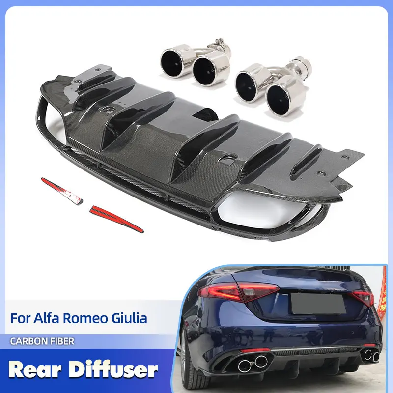 Car Rear Bumper Diffuser Lip Spoiler with Tips Reflector Carbon Fiber for Alfa Romeo Giulia Sedan 2017-2020 Non Sport Rear Lip