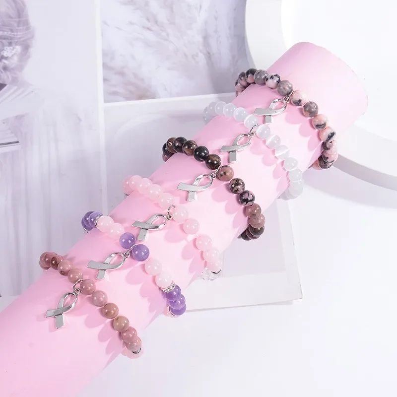 New Breast Cancer Awareness Colorful Natural Stones Crystal Bracelet with Message Card Valentine's Day Protection Pray Jewelry