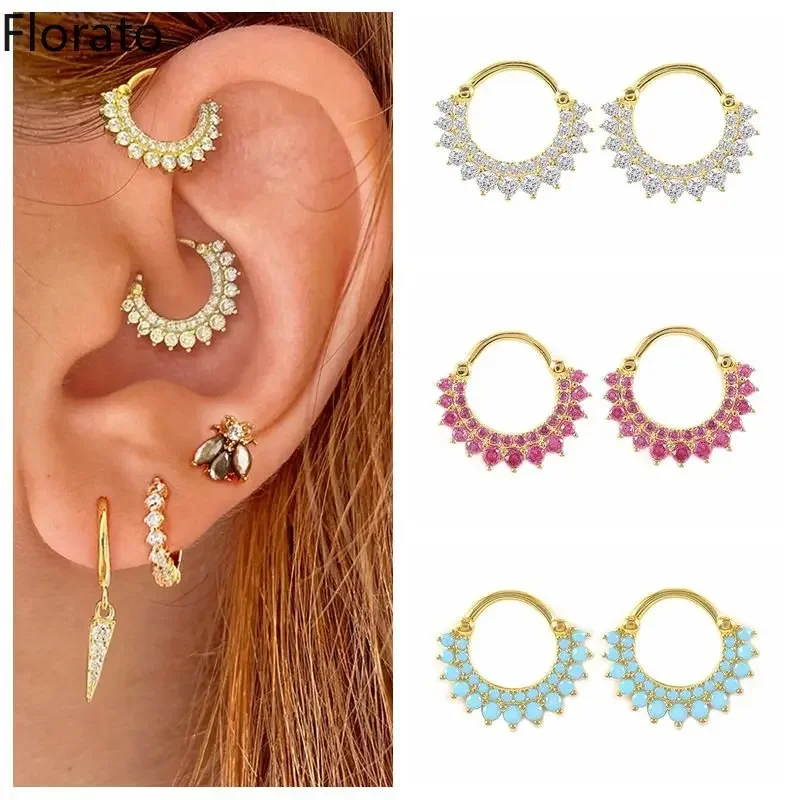 

Colorful 925 Sterling Silver Ear Needle Scalloped Hoop Earrings Fine Zircon Luxury Wedding Earrings for women Fashion Jewelry