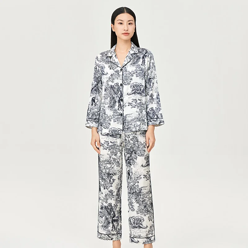 

22MM 100% Mulberry Silk Women Print Pajama Set Long Sleeve Lapel Button Up Tops Elastic Waist Trousers Sleepwear Lounge Sets PJS