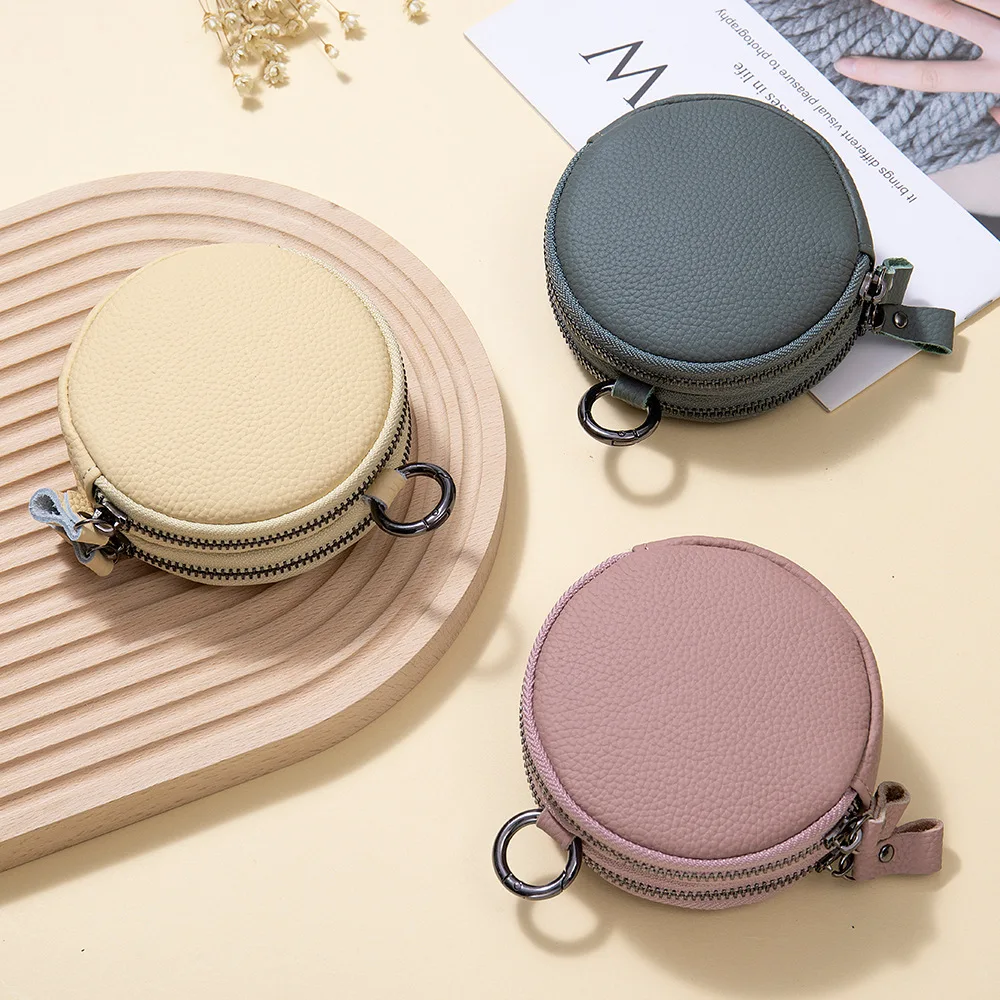 

Кожаный кошелек для монет, подвесная сумка, маленькая круглая сумка, женская сумка для хранения наушников с двойной молнией, мини-кошелек