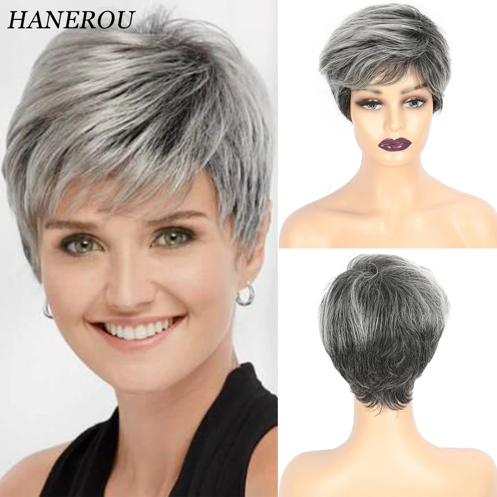 

HANEROU Pixie Cut Short Gray Mixed Wigs Synthetic Straight Women Fluffy Natural Hair Wig for Daily Party Cosplay