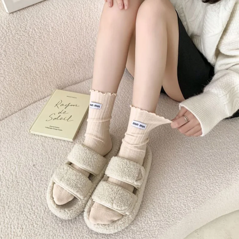 Calcetines Kawaii con volantes para mujer, etiqueta de tela de algodón, alta calidad, holgados, cálidos, estilo de Ballet Min, calcetín blanco de