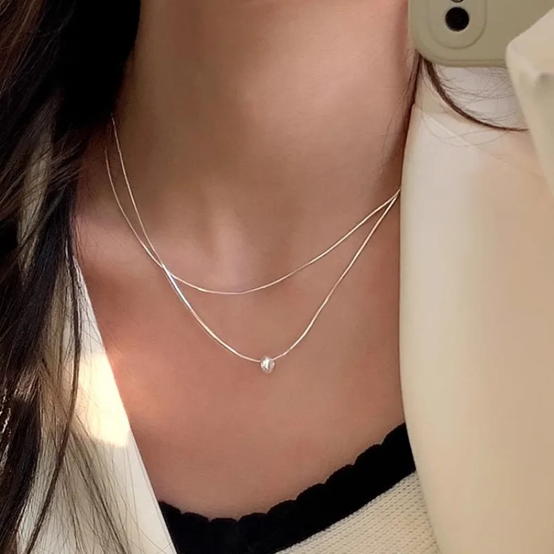 Minimalist Fashion Sterling Silver Double-layer Round Bead Pendant Snake Chain Necklace for Woman Jewelry Accessories Colorfast