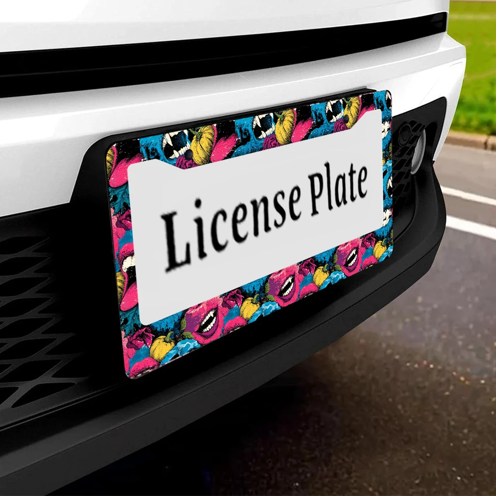 1 قطعة الجمجمة الملونة والورد نمط 2 حفرة إطار لوحة الترخيص ، مادة الألومنيوم ، 6x12 بوصة ، مع طقم مسامير ريترو الجدة C