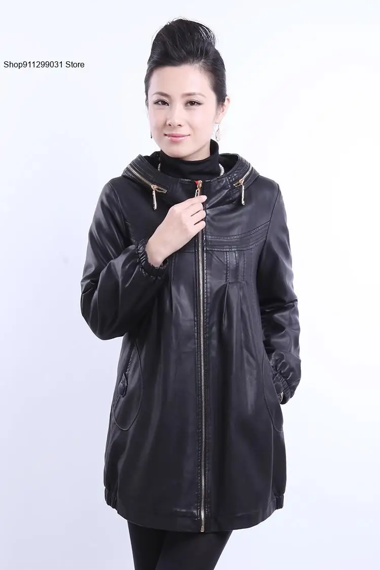 Autumn and Winter Women\'s Black Casual Fashion Loose Hooded Leather Jacket