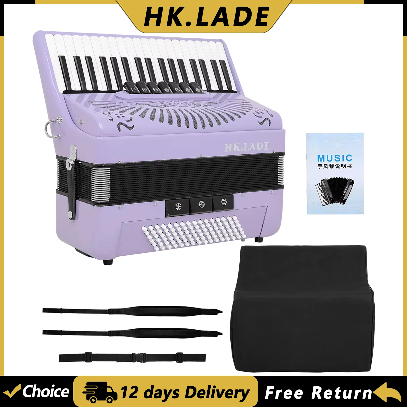 HK.LADE AH-280 37 Keys 96 Bass Accordion Multiple-voice Accordion with Bag Strap Keyboard Instrument for Grading Performance