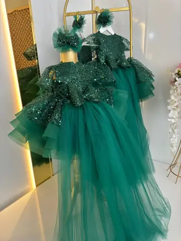 Puffig Smaragdgrön Baby Barn Första Födelsedagsklänningar Tyll Glitter Brudnäbbsklänning Nattvardskläder med Släp 8 best sales brudtärnaklänning med släp - №6