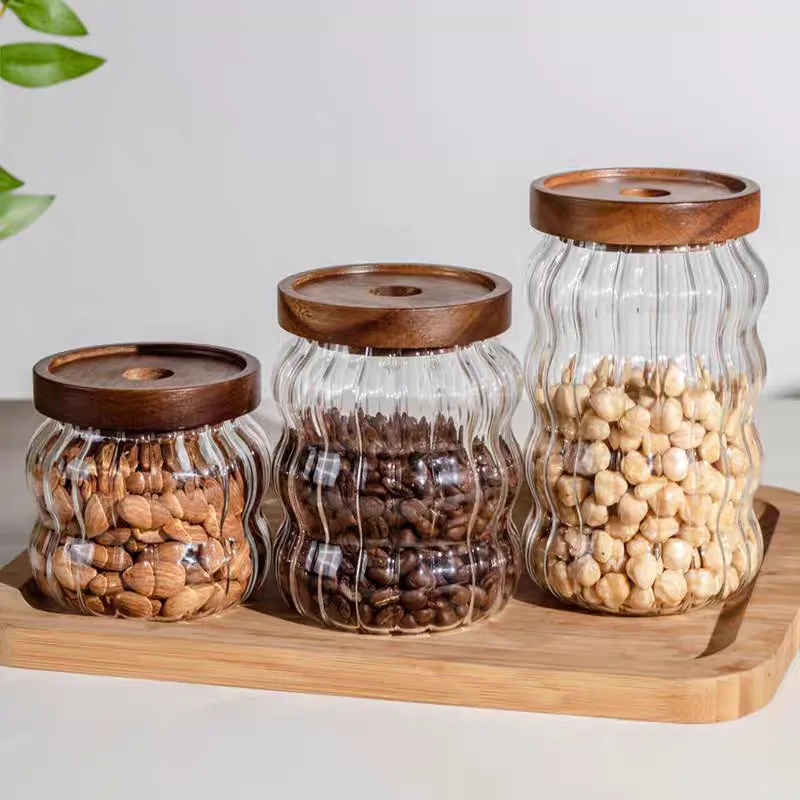 Wood Lid Striped Glass Airtight Canister Kitchen Storage Bottles Jars Food Container Coffee Beans Grains Candy Jar Containers