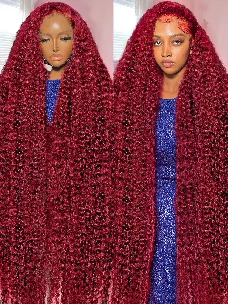 

220 Density 99j Burgundy 30 40 Inch HD 13x6 Lace Frontal Wigs Human Hair Transparent Preplucked Red Colored Deep Wave Remy Hair