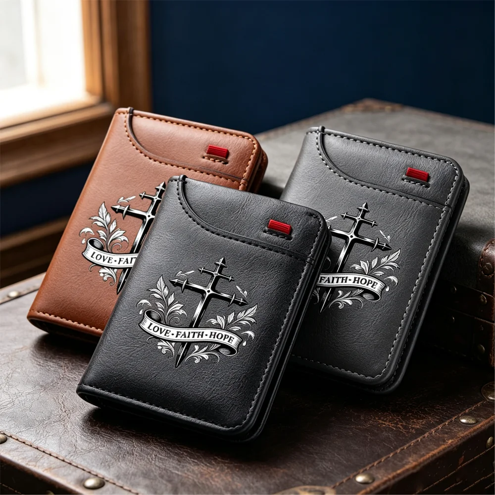 Men's Ultra Slim PU Leather Bifold Wallet Christian Cross LOVE FAITH HOPE Print Credit Card Holder