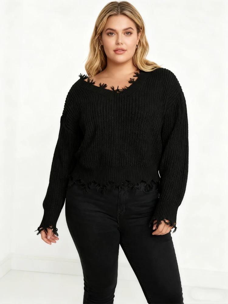 Nueva moda, jersey de punto ajustado de manga larga con borlas y cuello en V, Top de talla grande para fiesta, suéter versátil elegante de talla grande para mujer