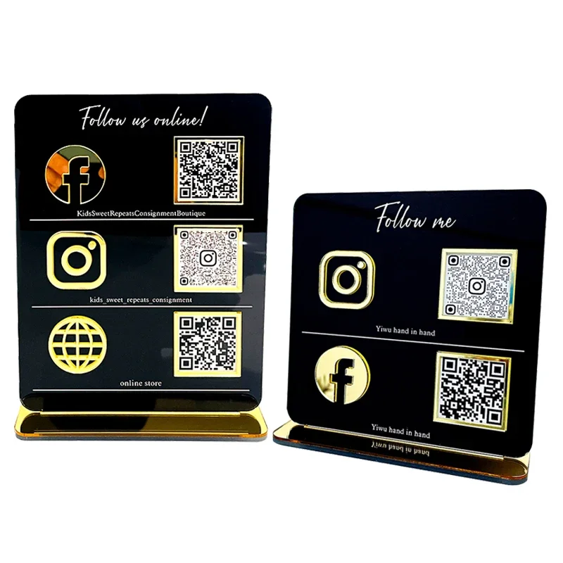 Customize Social Media Signs 2 or 3 Icon Codes QR Business Sign Gold Acrylic Payment Code