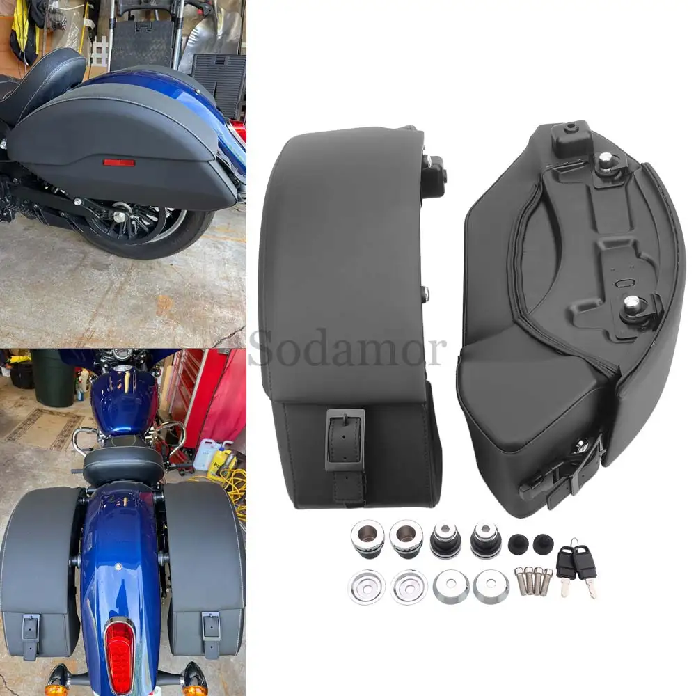 1Pair Quick Release Black PU Leather Saddlebags Side Boxes With Mount Spools For Indian Scout Sixty 100th Anniversary 2015-2023
