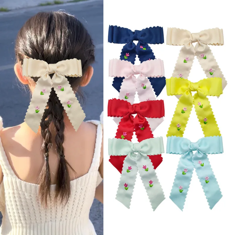 20pcs Floral Embroidery Bow Hair Clips Wave Edge Long Tassel Barrettes Kids Frill Bow Hairpins Baby Headwear Bulk for Girls