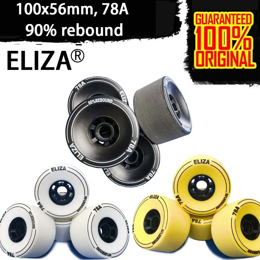 Eliza ล้อสเก็ตบอร์ดลองบอร์ด SHR78A 100มม. 90% เด้งได้ล้อลองบอร์ดไฟฟ้าพื้นผิวที่เป็นหินสีดำสีเหลืองและสีขาว