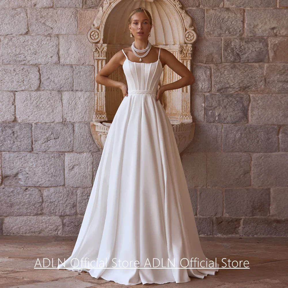 Einfaches Korsett-Hochzeitskleid, maßgeschneiderte Spaghettiträger, U-Ausschnitt, Tasche, Brautkleid, A-Linie, Sweep-Zug, Brautkleider