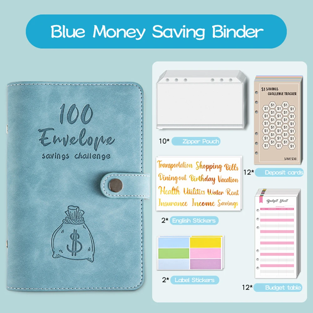 100 Envelopes Money Saving Challenge Budget Binder PU Leather Cover with Cash Envelope PVC Pocket Zipper/Budget Cards stickers