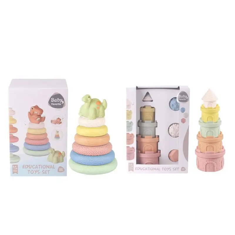 

Stacking Rings Soft Toys Silicone Stacker Sensory Toy Building Blocks Dinosaur & Castle Shapes With BB Sound Early Learning Toys