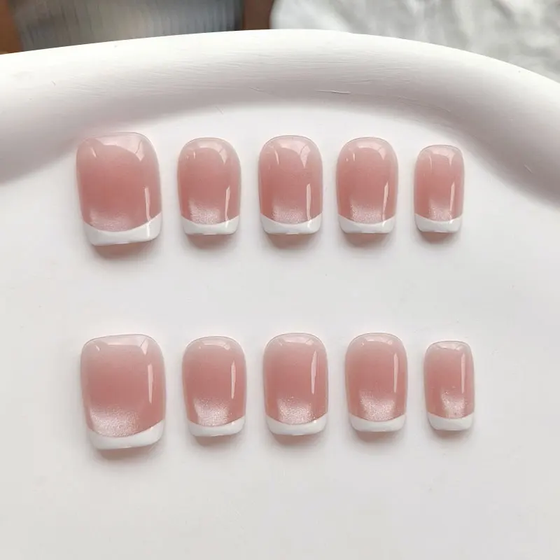 10 Stück Französischer Stil Rosa Katzenaugen-Optik mit Weißem Rand Aufklebbare Nägel Tragbare Nägel Kurze Quadratische Kunstnägel Wiederverwendbare Nägel – Detail 5